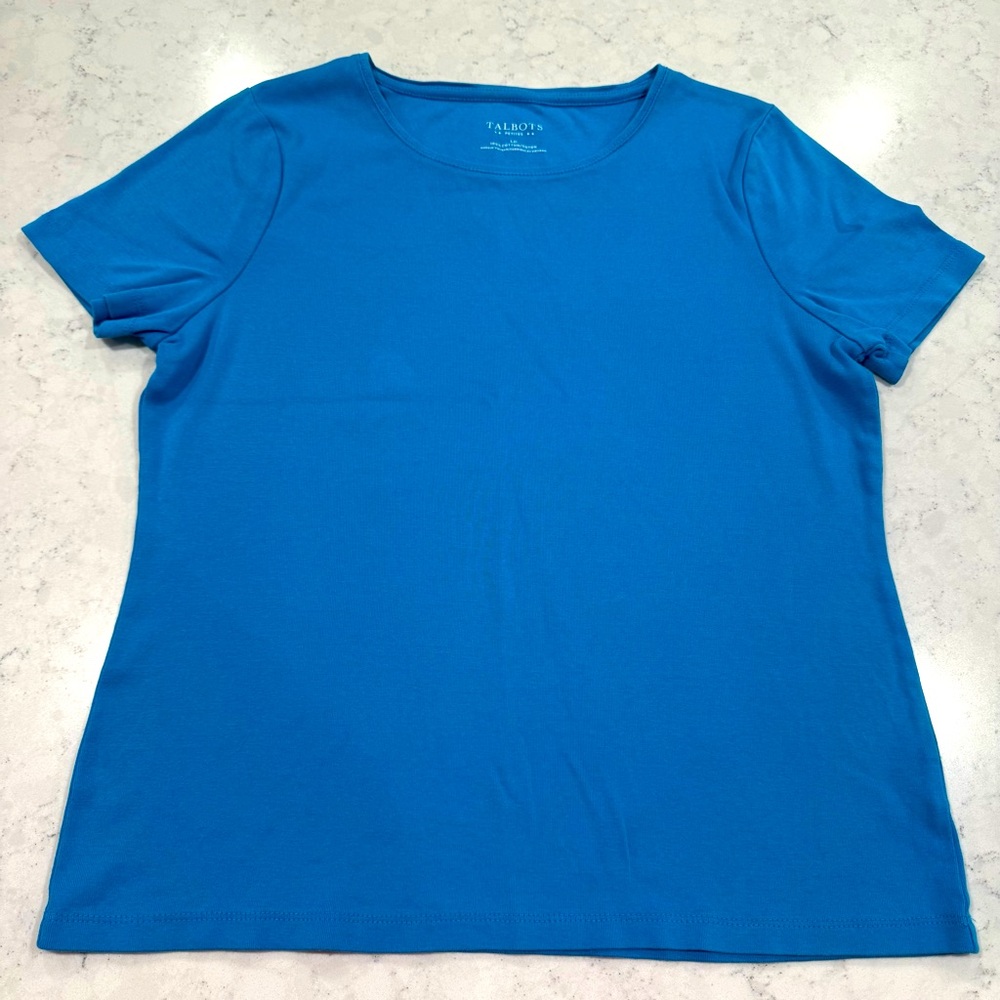 Talbots Petites Sz Lg T-Shirt 100% Cotton Solid Aqua Teal Blue Classic Casual
